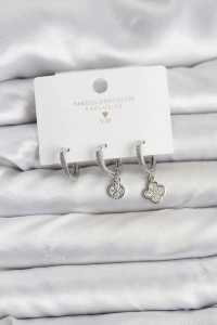 Pirinç Gümüş Renk Yonca Model 3lü Kadın Küpe Seti