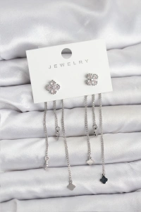 Pirinç Gümüş Renk Yonca Model Sallantılı Kadın Küpe