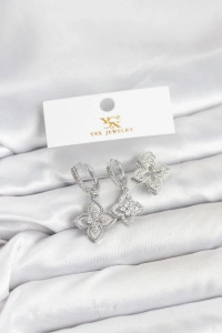 Pirinç Gümüş Renk Yonca Model YSX Trio Küpe Seti