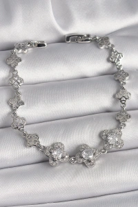 Pirinç Gümüş Renk Zirkon Taşlı Yonca Model Kadın Bileklik