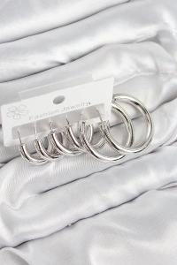 Pirinç Halka Model Gümüş Renk Kadın Set Küpe