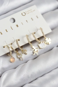 Pirinç Zirkon Taşlı Hello Kity Ve Yonca Model Gold Renk 6lı Küpe Set
