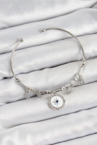 Pirinç Zirkon Taşlı Pusula Model Gümüş Renk Charm Bileklik
