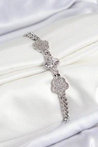 Pirinç Zirkon Taşlı Yonca Model Gümüş Renk Kadın Bileklik