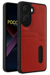 Poco X7 Pro Kılıf Sara Kartvizitli Deri Kılıf - Kırmızı