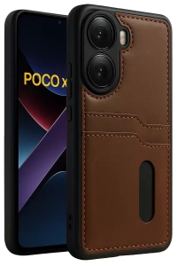 Poco X7 Pro Kılıf Sara Kartvizitli Deri Kılıf - Taba