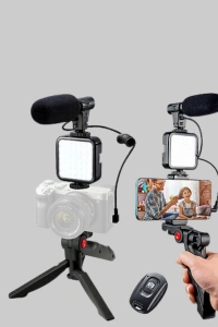 Profesyonel Vlog Çekim Kiti LED Işıklı Tripod Mikrofonlu Telefon Seti