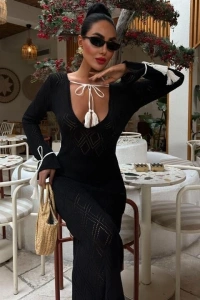 Püskül Bağcık Detaylı V Yaka Ajurlu Elbise 2850