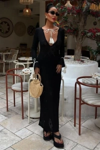 Püskül Bağcık Detaylı V Yaka Ajurlu Elbise 2850