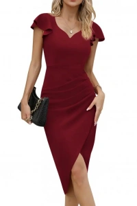 QKadın Kısa Kollu Kalp Yaka Yanlardan Büzgü Detay Midi Janjan Krep Elbise