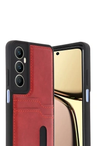 Realme C65 Sara Kartvizitli Deri Kılıf - Kırmızı