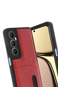 Realme C65 Sara Kartvizitli Deri Kılıf - Kırmızı