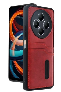 Redmi 14C Kılıf Sara Kartvizitli Deri Kılıf - Kırmızı