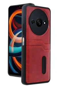 Redmi A3 4G Kılıf Sara Kartvizitli Deri Kılıf - Kırmızı