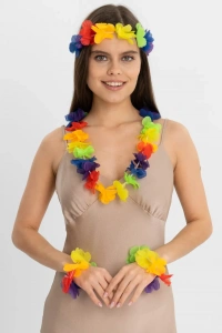 Rengarenk Hawaii Kolye Taç Bileklik Seti 4 Parça