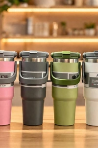Renkli 700 ml Taşıma Kulplu Paslanmaz Çelik Termos Mug Bardak