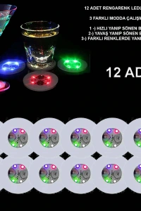 Renkli LED Işıklı Bardak Altlığı - 12 Adet, Pilli