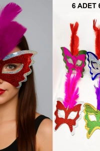 Renkli Parti Maskesi 6lı | Tüylü Karton Maske Seti (Lastikli)