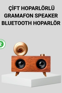 Retro Gramafon Bluetooth Hoparlör Çift Stereo Sesli FM Radyo Destekli