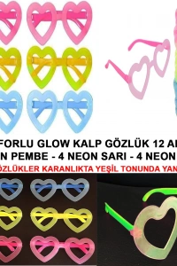 Retro Neon Fosforlu Kalp Gözlük 12 Adet – 80’ler 90’lar Parti Stili