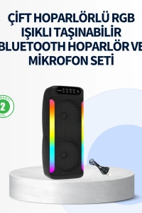 RGB Işıklı Çift Hoparlörlü Taşınabilir Bluetooth Speaker ve Mikrofon