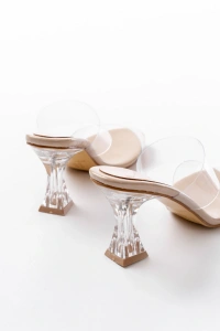 S-618 Bej Rugan Çift Bantlı Topuklu Kadın Terlik