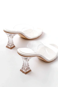 S-618 Beyaz Rugan Çift  Bantlı Topuklu Kadın Terlik