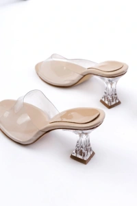 S-619 Bej Rugan Şeffaf Bantlı Şeffaf Topuklu Yuvarlak Burunlu Kadın Terlik