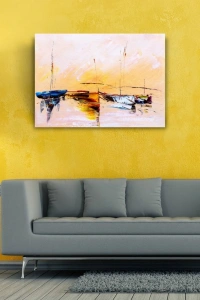 Sahilde Demirli Yelkenliler Yağlıboya Kanvas Tablo 50 x 70