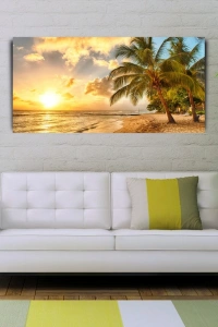Sahilde Palmiyeler ve Günbatımı Kanvas Tablo 60 x 120