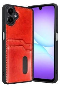 Samsung Galaxy A07 4G Sara Kartvizitli Deri Kılıf - Kırmızı
