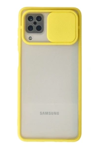 Samsung Galaxy A12 Kılıf Palm Buzlu Kamera Sürgülü Silikon - Sarı