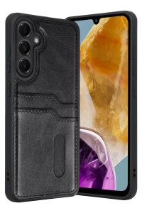 Samsung Galaxy M15 Sara Kartvizitli Deri Kılıf - Siyah