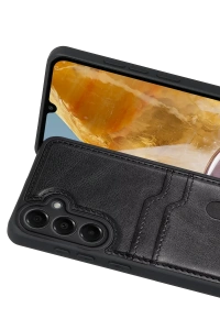Samsung Galaxy M15 Sara Kartvizitli Deri Kılıf - Siyah