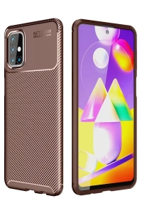 Samsung Galaxy M31S Kılıf Auto Focus Karbon Kapak - Kahverengi