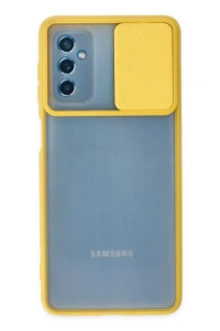 Samsung Galaxy M52 5G Kılıf Palm Buzlu Kamera Sürgülü Silikon - Sarı