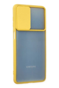 Samsung Galaxy M52 5G Kılıf Palm Buzlu Kamera Sürgülü Silikon - Sarı