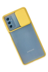 Samsung Galaxy M52 5G Kılıf Palm Buzlu Kamera Sürgülü Silikon - Sarı
