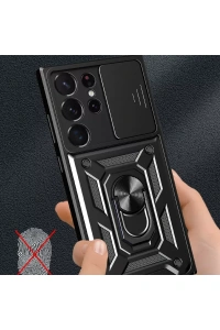 Samsung Galaxy S23 Ultra Kılıf Pars Lens Yüzüklü Silikon - Siyah