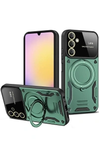 Samsung Galaxy S25 Kılıf Joy Lens Standlı Kapak - Koyu Yeşil