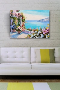 Sardunyalı Balkon ve Deniz Yağlıboya Kanvas Tablo 50 x 70