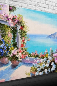 Sardunyalı Balkon ve Deniz Yağlıboya Kanvas Tablo 50 x 70