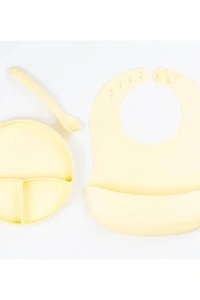 Sarı 3’lü Silikon Yemek Seti – Önlük + Diş Kaşıyıcılı Kaşık + Vakumlu Tabak