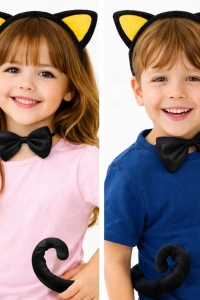 Sarı Kulaklı Kedi Kostüm Seti – Taç, Papyon, Kuyruk