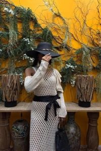 Saten Kuşaklı Ajurlu Triko Elbise 2847