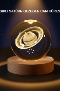 Satürn Desenli Kristal Küre LED Gece Lambası Ahşap Standlı