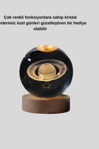Satürn Desenli Kristal Küre LED Gece Lambası Ahşap Standlı