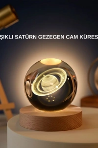 Satürn Gezegenli Kristal Küre LED Lamba USB’li Ahşap Standlı