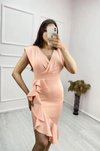 Scuba Kumaş Önü Fırfırlı Midi Boy Elbise