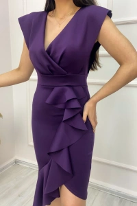 Scuba Kumaş Önü Fırfırlı Midi Boy Elbise